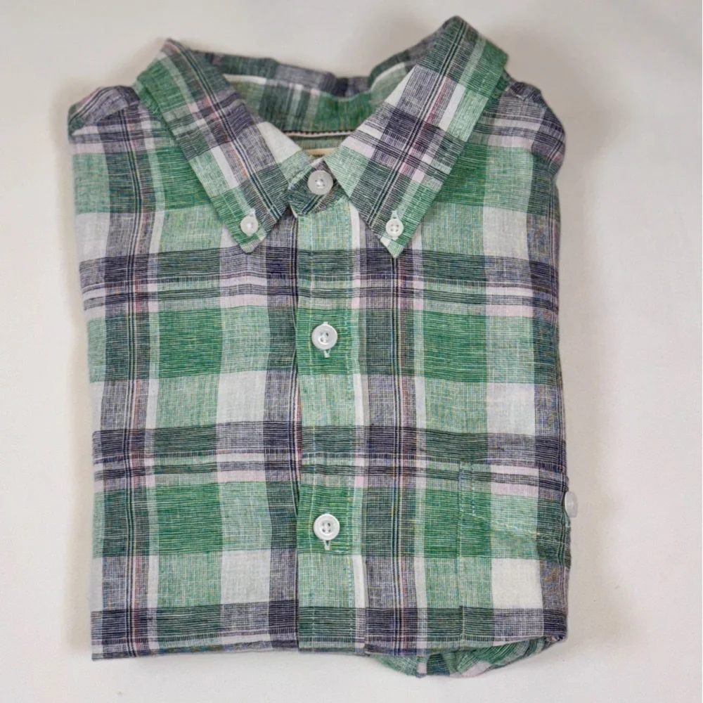 Weatherproof Vintage Men’s Large Linen Green & White Plaid Short Sleeve Shirt - Picture 10 of 10